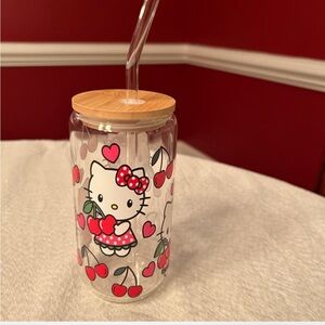 16oz Hello Kitty and cherries glass tumbler with glass straw.